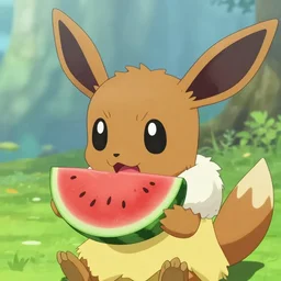 Eevee eating watermelon, screenshot from Pokemon