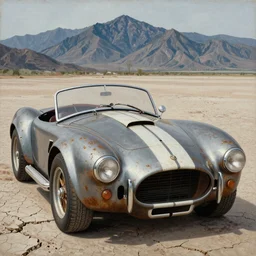 closeup of rusty 1966 shelby cobra, mountains in the background, full car, weathered, convertible, desert, cracked dry lake bed, by Zdzislaw Beksinski, Norman Rockwell, sorayama, al duke, Valter de Morais, highly detailed, soft lighting, film grain, 8k resolution, hd, oil on canvas