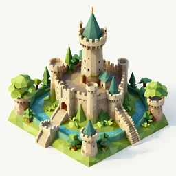 medieval castle in a jungle with towers and moat, 3 d, isometric, polygon