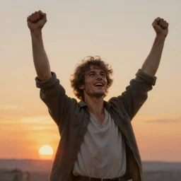 an inspirational painting of prince raising both arms in celebration by delphin enjolras, sunrise background, freedom, a new dawn, highly detailed, sharp focus, cinematic, trending on artstation