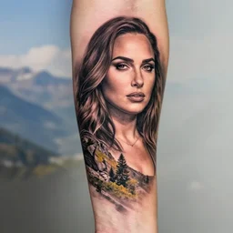 creative double exposure effect tattoo design sketch of gal gadot faded with beautiful mountain scenery, realism tattoo, in the style of matteo pasqualin, amazing detail, sharp