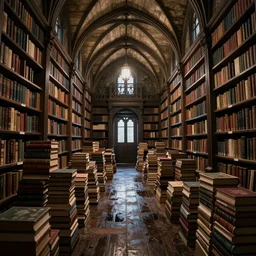 “Dark dingy wet library with stacks of books in piles and boxes on the floor. High vaulted ceilings in the style of D&D. 4K high definition photo”