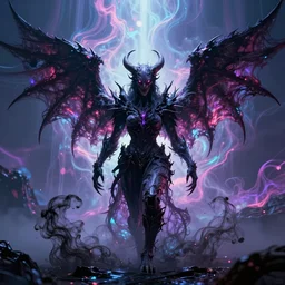a klyntar entity with wings of terror, wispy ink horrors, prismatic neon glow backdrop, photo pic by hyperrealism