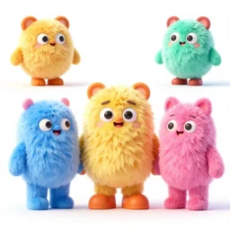 concept sheet of cute colorful 3 d family characters for kids assisting a concept machine. cute bipedal fluffy animals, big head and eyes, big feet. primitive shapes and forms, reflective like candy, concept art, 8 k, artstation