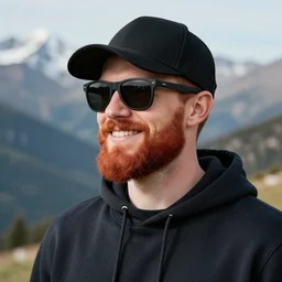 red bearded engineer with sunglasses and black baseball cap and hoody, mountain, smiley profile, in front on camera, white skin, centred, high detailed