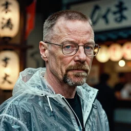 Cinestill 50d, 8K, highly detailed, style 3/4 extreme closeup portrait, clear eyes, focus on clear transparent raincoat walter white model, tilt shift h.r giger style background: famous blade runner remake, tokyo izakaya scene