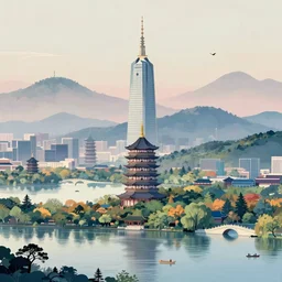 hangzhou city, artstation, digital art, 4k, by Kawase Hasui, high detail, fantasy
