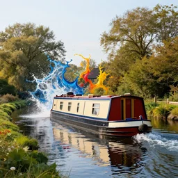 landscape narrow boat canal splash art graphic design color splash high contrasting art, fantasy, highly detailed, art by greg rutkowski
