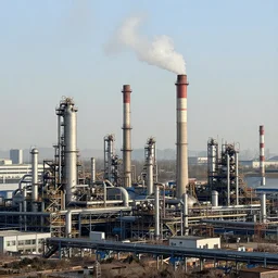 industrial landscape, factories, towers, smoke