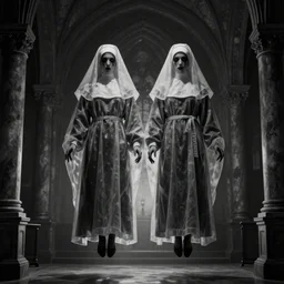 nightmare vision, black and white, award winning photo, levitating twin nuns, wearing translucent sheet, in a sanctuary, eerie, frightening —width 1024 —height 1024