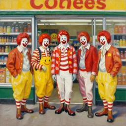highly detailed painting of a group of ronald mcdonalds loitering outside a supermarket by william turner, by greg rutkowski, by william constable, thick brush strokes and visible paint layers, 4 k resolution