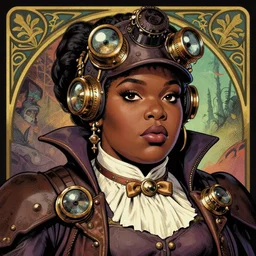 a detailed portrait illustration of a steampunk sorceress - laywer. beautiful obese black female face. art nouveau, pop art, comic book style. influenced by neil gaiman, h. p. lovecraft, dan mumford, brian froud, kehinde wiley, killian eng, ross tran.