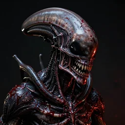 very terrifying cenobite xenomorph demon splattered with blood, portrait showing entire scary head, neo-expressionistic, maximalist, horror monster masterpiece, trending on DeviantArt, 4K resolution, dark cinematic, hyperrealism, octane render, volumetric lighting, ultra-detailed, chiaroscuro, dark black background, in the style of Giger and Ralph Steadman and Da Vinci,