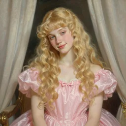 beautiful portrait painting of the androgynous pale blond princess Lucius with long curly blond hair, delicate young man wearing a wispy pink silk dress smiling sleepily at the viewer, symmetrically parted curtain bangs, in love by J.C Leyendecker and Norman Rockwell