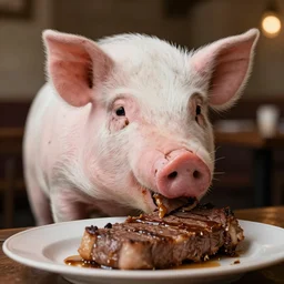 photo of pig eating steak, 5 0 mm, beautiful photo