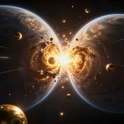 realistic scene of 2 planets collide, bombs, golden, futuristic, 1 4 5 0, ink, ultra realistic, 8 k