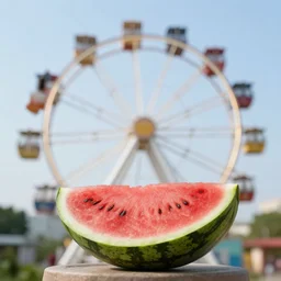 a watermelon ferris wheel, food photography, 7 5 mm, bokeh
