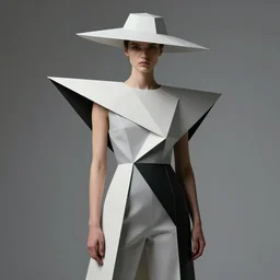 amazing photo of a fashion model wearing a modern geometrical costume and paper hat, photorealistic, hyperrealistic, extradetailed, modern detailed photo, digital illustration, matte painting, rim light, studio lighting, by beksinski, rutkovski, giger