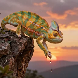 golden chameleon hanging on a cliff by its tail, trying to catch rain drops, epic sunset skies in the background, very detailed digital art