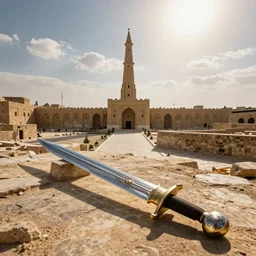 photography from swords of qadisiyah over central baghdad, detailed, photorealism, radiant light, global illumination, hyperdetailed, bright colors