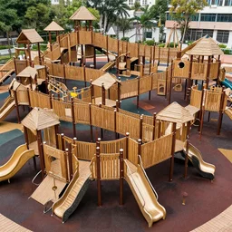 1 9 7 0 s photo of a vast incredibly - large complex tall many - level playground in a crowded schoolyard. the playground is made of wooden planks, rubber tires, metal bars, and ropes. it has many spiral staircases, high bridges, ramps, balance beams, and metal tunnel - slides. highly - detailed high - resolution photograph.