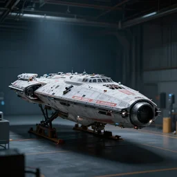 space ship battle cruiser in the repair hangar, shallow depth of field, moody lighting, single point of light, 8 k, ultra realistic, octane render,