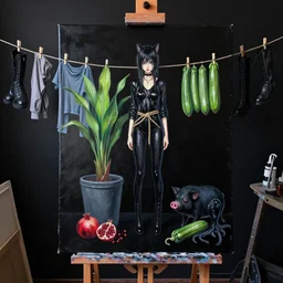 painting of a black painted canvas, on an easel in a dark artist's studio with black walls, tall emo artist catgirl, wet black clothes, hemp rope, bromeliad, clothes hanging on a clothesline to dry, 6 black boots, pomegranate, a black pig, courgette, black octopus, sensual, acrylic and oilstick on canvas