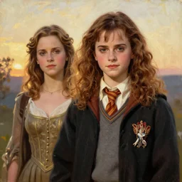 Painting of Emma Watson as Hermione Granger standing next to Natalie Portman as Padme Amidala. Art by william adolphe bouguereau. During golden hour. Extremely detailed. Beautiful. 4K. Award winning.