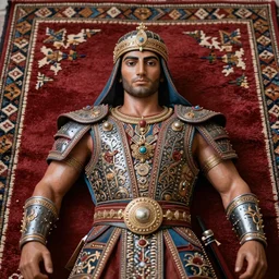 portrait of a contemporary carpeted figure of a Persian warrior, anatomically correct, colourful, lots of detail, depth of field, intricate, delicate, by Jonas Jensen, Magnum photos