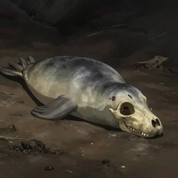 seal bones and skull, in river mud, atey ghailan, goro fujita, studio ghibli, rim light, sad, very dark fading to black, clear focus, very coherent