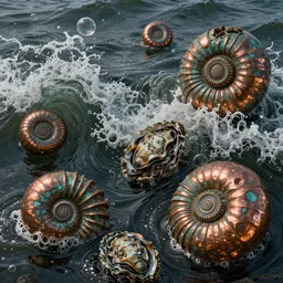 bubbles in cresting oil slick waves, ammonites, abalone, art nouveau, rococo, organic rippling spirals, photorealistic octane render, patina copper art forms from nature by ernst haeckel