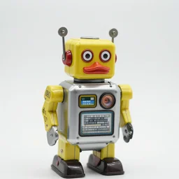 closeup portrait of tin toy retro robot yellow duck, depth of field, red zeiss lens, detailed, centered, fashion photoshoot, by nicoletta ceccoli, mark ryden, lostfish, extremely detailed, artistic, hyperrealistic, octane render