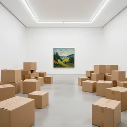 a ( ( white room ) ) in a modern art gallery with a parque floor, which is filled ( to the ceiling )!!! with ( cardboard boxes )!!!, a single detailed landscape painting by anthony copely fielding on the back wall.