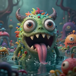 intricate colourful murky with strange cute friendly horror crazy monsters landscape with huge beauty eyes long tongue triangle teeth and scary face appearing from the water, in the style of craola, shallow depth of field, highly detailed, digital painting, trending artstation, concept art, illustration, cinematic lighting, vibrant colors, photorealism, epic, octane render