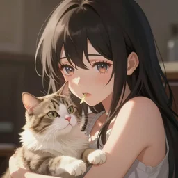 anime girl portrait with cat eats, trending on pixiv