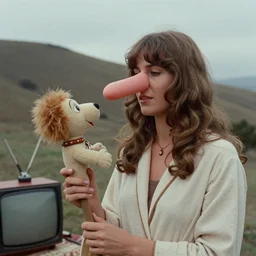 1970 hippie woman on tv show with a long prosthetic inflatable nose, big nostrils, wearing a robe on the hillside 1970 color archival footage color film 16mm holding a hand puppet Fellini Almodovar John Waters Russ Meyer Doris Wishman
