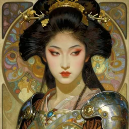 realistic detailed face portrait of a beautiful futuristic warrior geisha in alien samurai armor by alphonse mucha, ayami kojima, amano, greg hildebrandt, and mark brooks, female, feminine, art nouveau, japanese cyberpunk, geisha, neo - gothic, gothic, character concept design