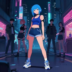digital illustration of cyberpunk pretty girl with blue hair, wearing a tank top and shorts, wearing nike air mags, full body pqkose, in city street at night, by makoto shinkai, ilya kuvshinov, lois van baarle, rossdraws, basquiat