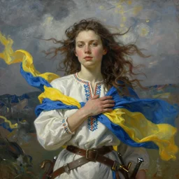 ukrainian beautiful woman - warrior in the battlefield, wind, dramatic sky, elegant, powerful, epic painting, high quality, profound gaze, yellow and blue ribbons, emotionally touching, in the style of rembrandt, vincent van gogh