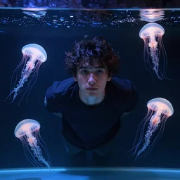 portrait of a man floating in aquarium with glowing jellyfish. octane render. hyper realistic. cinematic. cine still. mamiya. medium format. caustics. f 4. chromatic aberration.