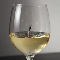 a tiny diver diving into a huge glass filled with white wine by pablo picasso