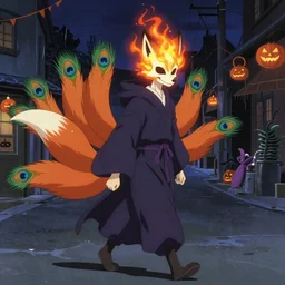 an anime about a fox with exposed flaming skull face nongraphic, 9 peacock tails, magical mage robes and walking through an empty street alone at night, halloween decorations, wonder, anime, side profile, peaceful, vhs, art by yuji ikehata