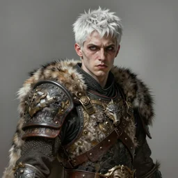 portrait painting of a sarcastic young man with short white hair wearing wolf pelt armor, ultra realistic, concept art, intricate details, eerie, highly detailed, photorealistic, octane render, 8 k, unreal engine. art by artgerm and greg rutkowski and charlie bowater and magali villeneuve and alphonse mucha