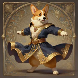 full body photograph of a male anthropomorphic corgi man fursona arabian dancer, deep focus, intricate, elegant, highly detailed, digital painting, artstation, concept art, matte, sharp focus, illustration, d & d, fantasy, hearthstone, art by artgerm and greg rutkowski and alphonse mucha