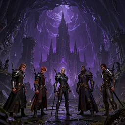 wide photo drow squad lurks on landscape near underdark city, underground huge cave background, purple an dark colors by alex aparin, rob alexander, daren bader, john - paul balmet, digital photo, sharp focus, 8 k, intricate, high detail, trending artstation