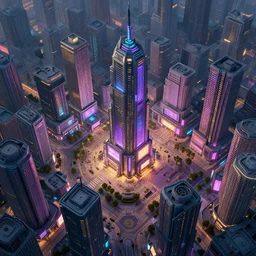 a city square in a typical cyberpunk town, isometric aerial view, futuristic, high rise, buildings, neon signs, illustration, very detailed, award winning, artstation, artgem, hyperealistic