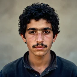 hyper - realistic, kodachrome medium shot portrait of an attractive ethereal 5 0 year old male, of mixed italian, lebanese and scottish descent with pale skin, a slightly large nose, black curly hair and dark eyes, a weak mustache and freckles. in the style of steve mccurry