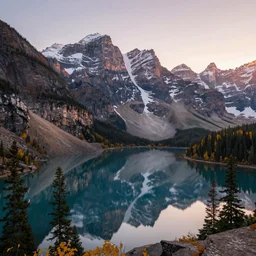 dreamy landscape of autumn canadian rockies, soft sunrise light over the mountain, reflective lake, pine trees, golden hour, soft glow, natural lighting, pastel color scheme, artstation, 8 k, award - winning landscape photography