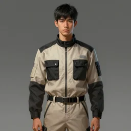 portrait of a man by greg rutkowski, he is about 3 0 years old, short black hair with bangs, his features are peruvian, very tall and slender, he is wearing a beige and black utility jumpsuit, highly detailed portrait, digital painting, artstation, concept art, smooth, sharp focus ilustration, artstation hq