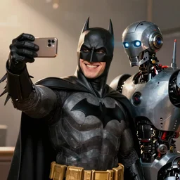 Photography, Batman taking a selfie with Robot, big smile